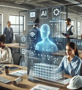 A modern office environment with diverse professionals using AI-powered digital tools. A holographic AI interface is displayed on a desk, showing project 2