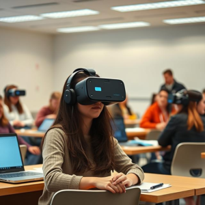 a woman wearing a virtual reality headset