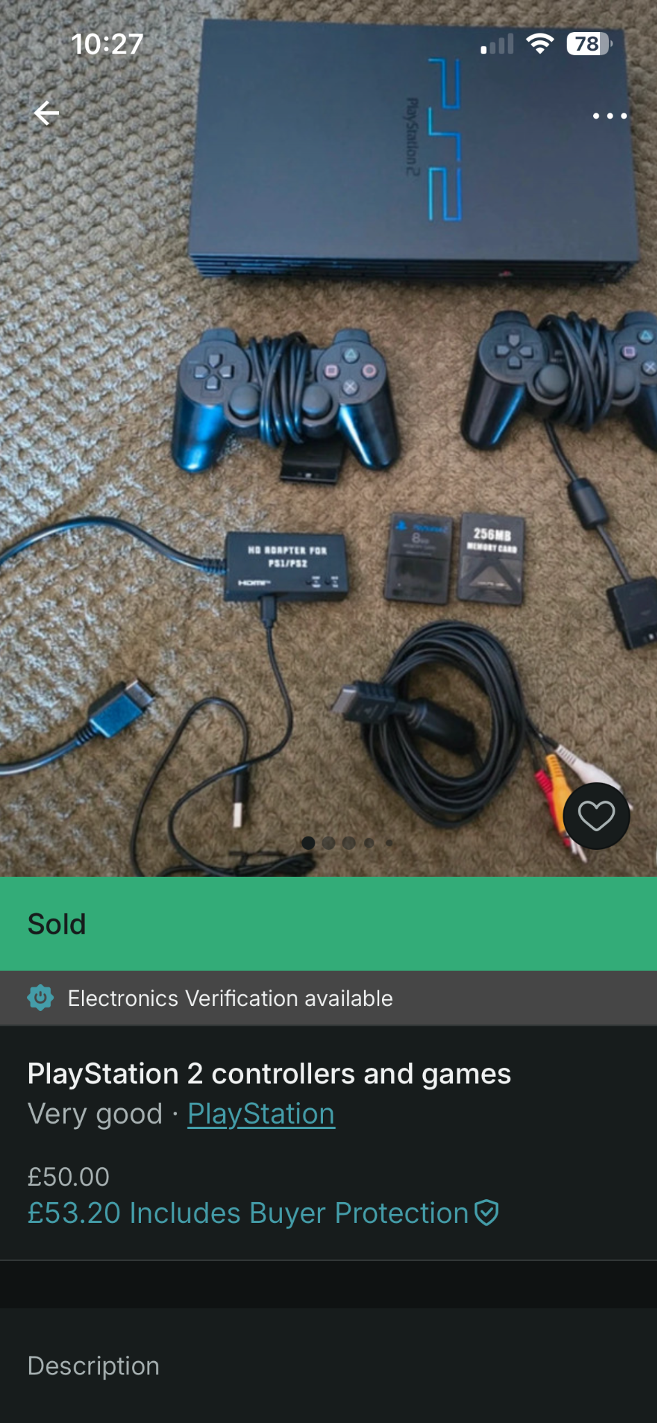 Marketplace listing photo showing a PS2 bundle with controllers, cables and memory cards.