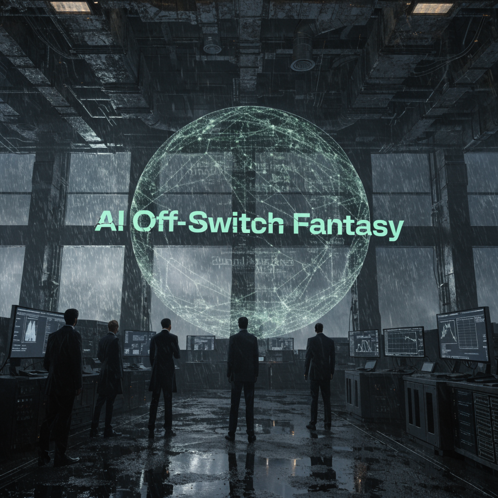 Ai off-switch fantasy - group of leaders standing watching conceptural imagery of AI AGI