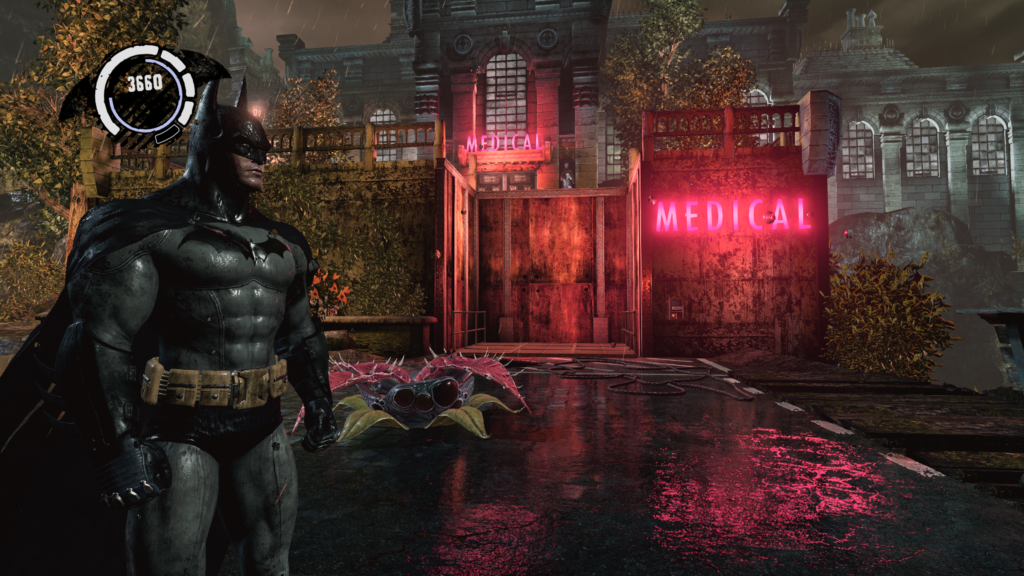 Batman Arkham Asylum remastered review  standing in front of neon medical centre