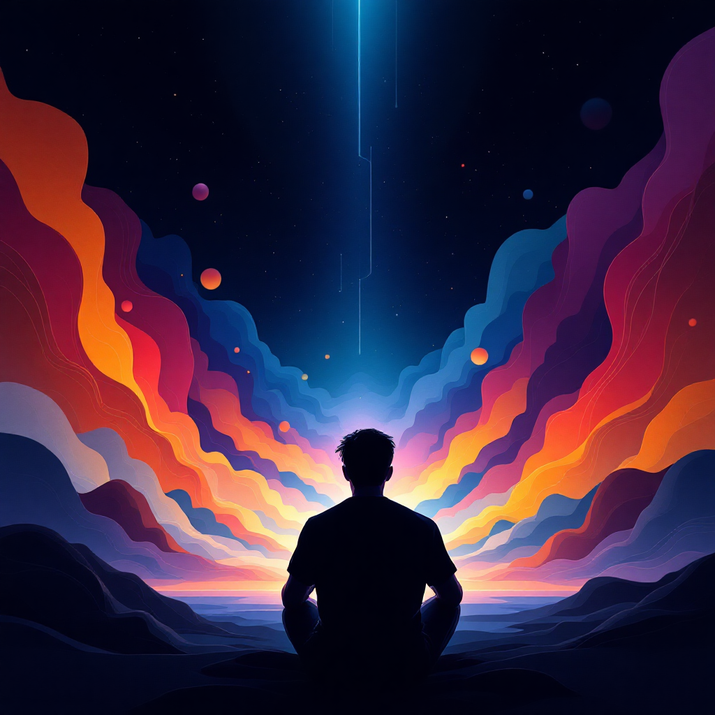 why do we game Man sitting in a dark room playing video games, surrounded by soft abstract light shapes blending into the space to represent immersion and focus.