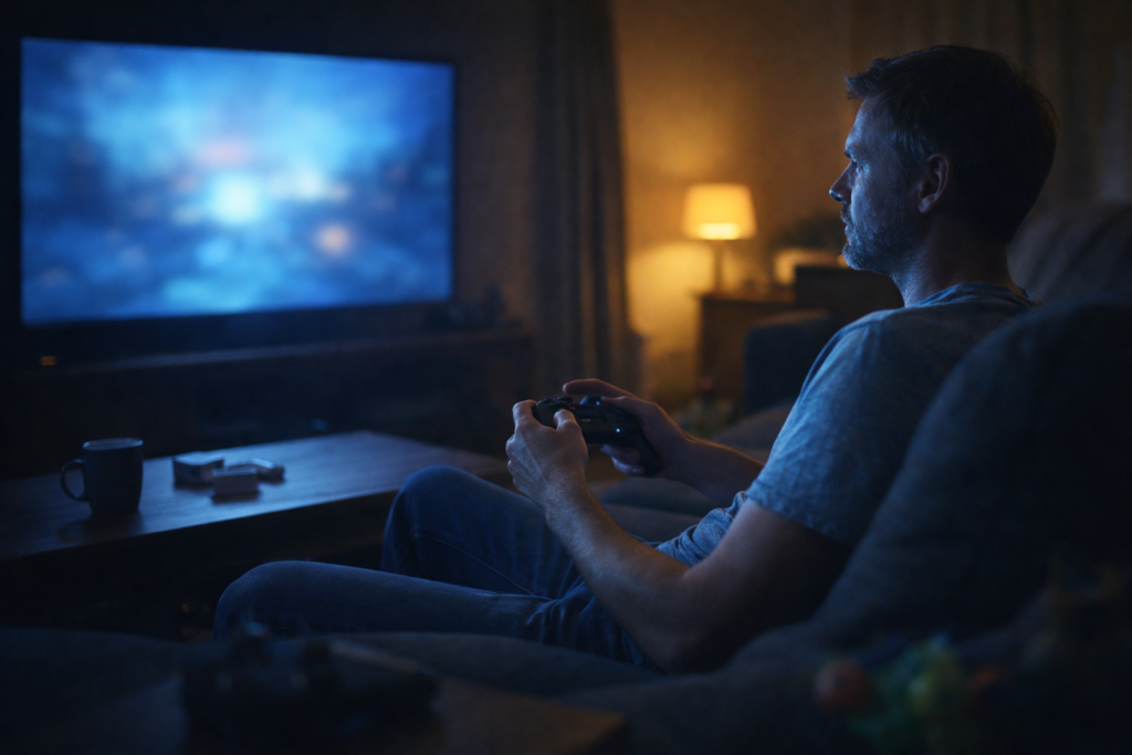 Man relaxing in the evening playing video games in a softly lit living room, reflecting on why we game and how gaming helps with relaxation and immersion.
