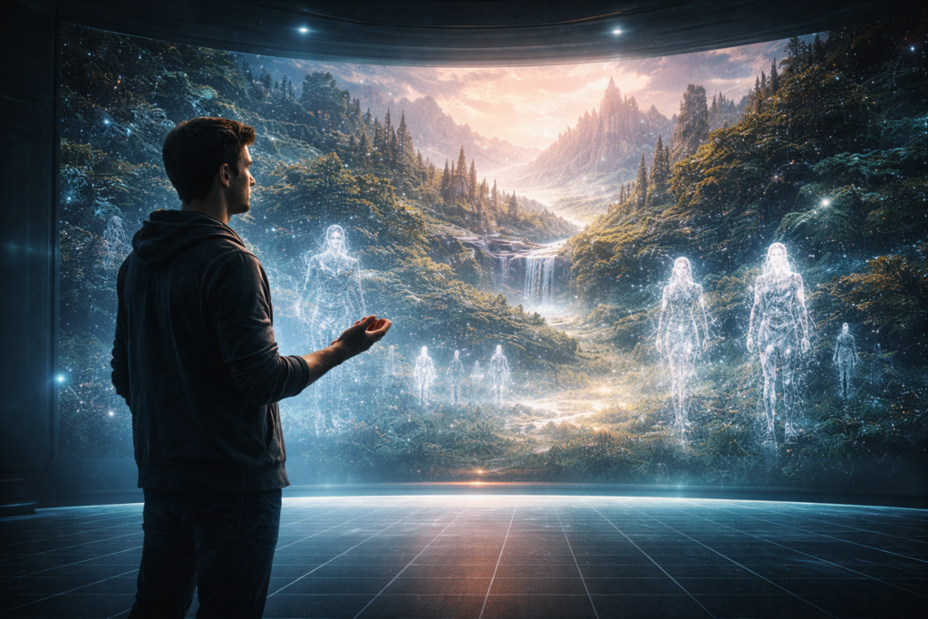 AI and Gaming FutureA person stands in a dark, minimalist sci-fi room with a holographic grid floor, watching a fantasy world and translucent NPC figures form from glowing particles.