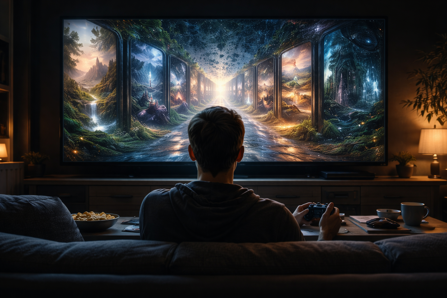 A person sits on a sofa in a dark living room holding a controller, staring at a TV that shows an endless corridor of glowing game-world doorways, with a subtle repetition that feels mass-generated.