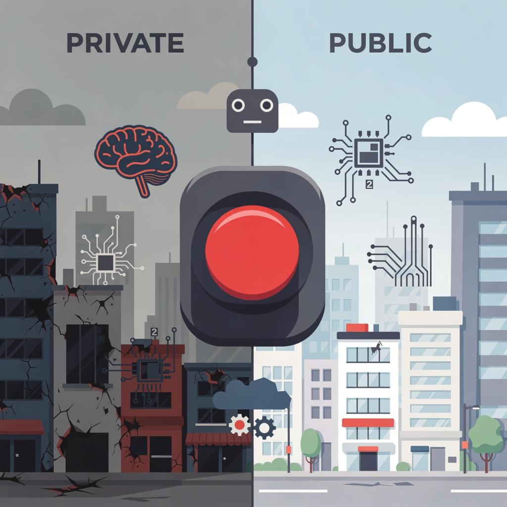 AI off-switch fantasy private vs public contrast in statements showing broken down reality in private side of image