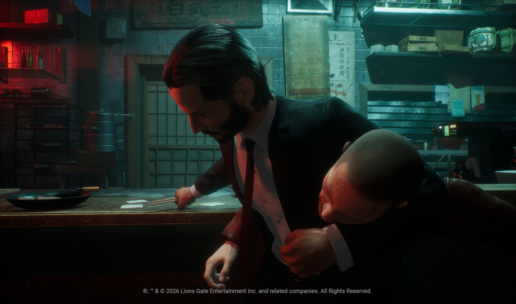 John Wick game key art showing John Wick in a stylised action pose with a dark cinematic look