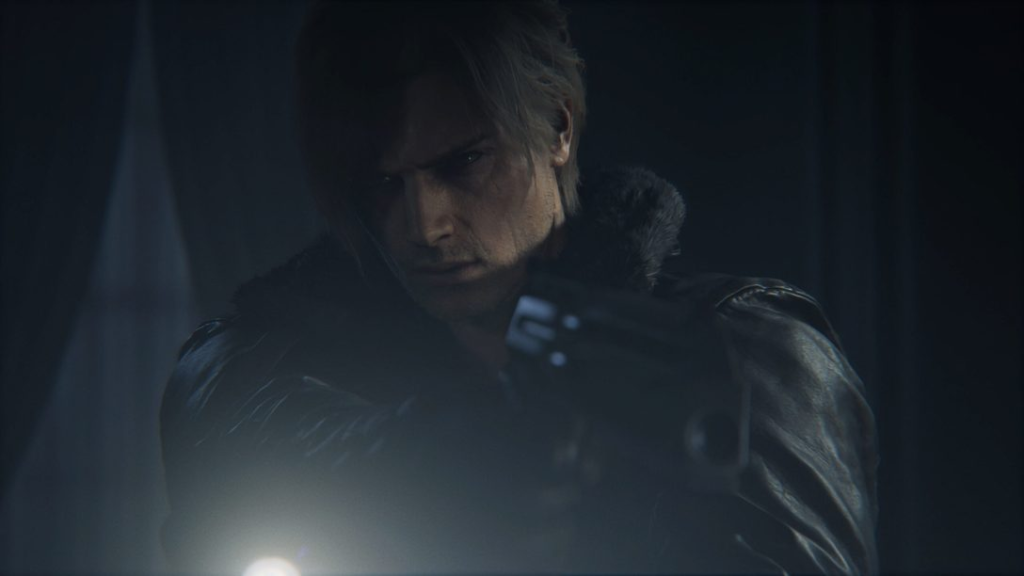 Resident Evil Requiem key art featuring Leon S. Kennedy in a dark, moody horror setting