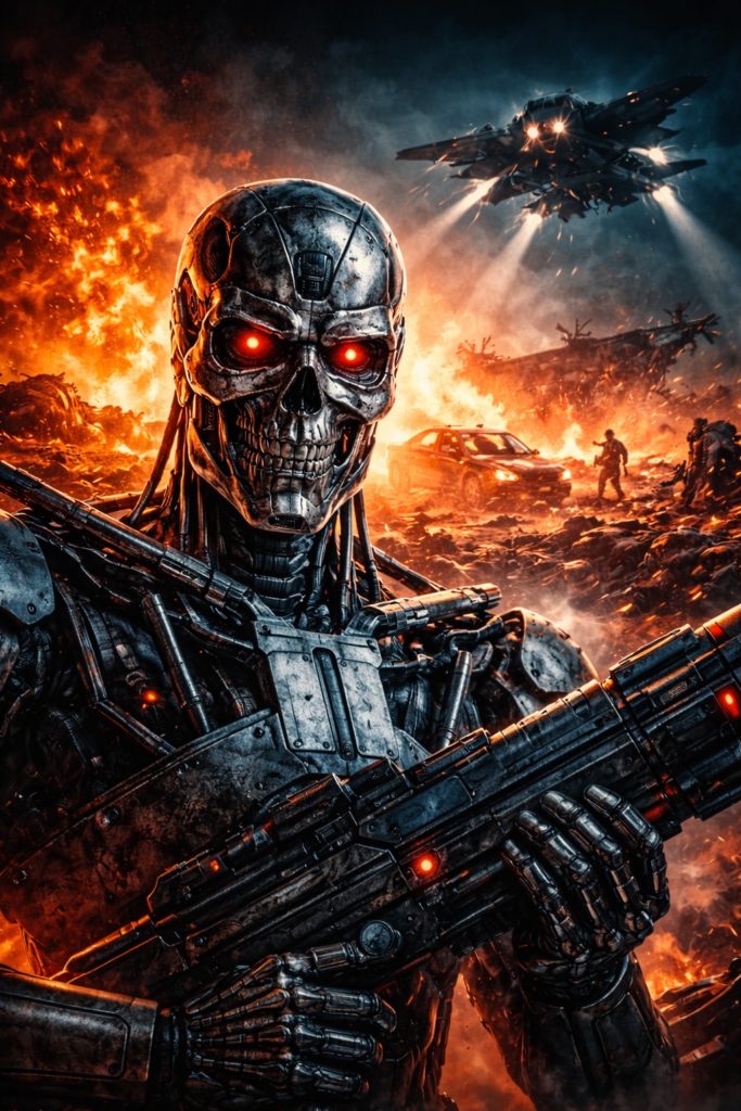Terminator-inspired metal endoskeleton with glowing red eyes stands in a burning warzone, symbolising fears of AI escalating beyond human control.