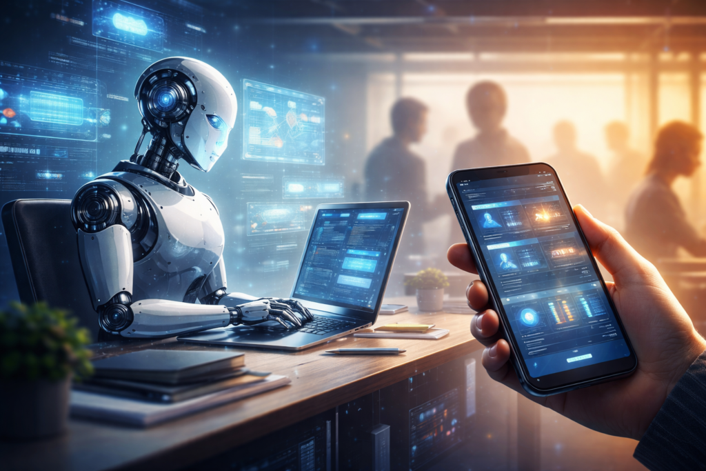 A humanoid robot works at a laptop while a hand holds a smartphone showing an AI interface, illustrating AI becoming part of everyday work and decision-making showing AI quiet replacement