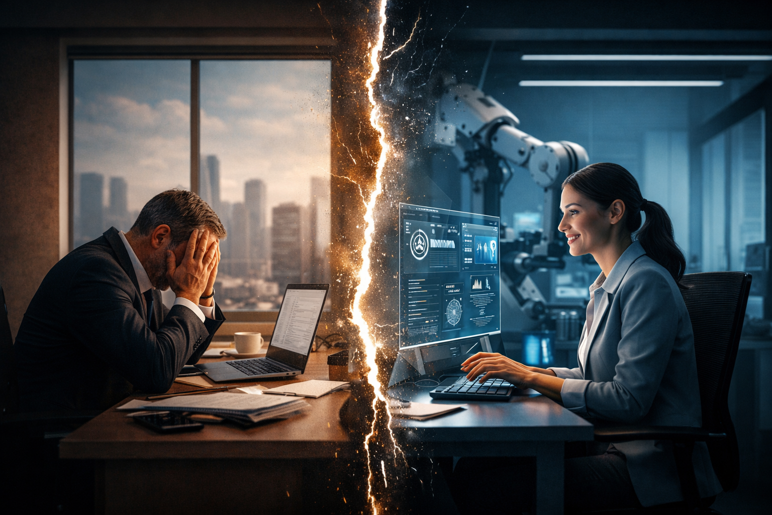 A split office scene shows a stressed worker on one side and a calm AI-assisted future workspace on the other, divided by a bright crack to symbolise the quiet replacement of human roles.
