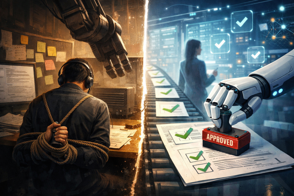 A conceptual split-scene image showing a worker constrained at a desk on one side and a robotic system stamping approvals on the other, symbolising the slow loss of human choice, judgement, and control as AI takes over decisions, the AI quiet replacement