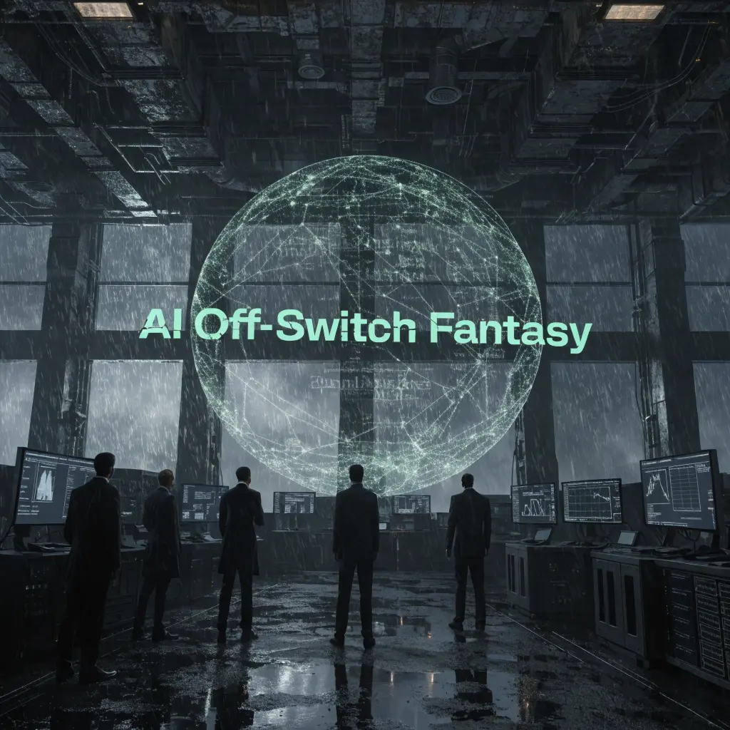 Ai off-switch fantasy - group of leaders standing watching conceptural imagery of AI AGI